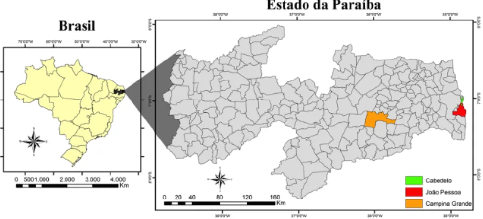 Fig. 1: Brasil, destaque para Paraíba e a região da pesquisa (municípios de João Pessoa, Cabedelo e  Campina Grande)