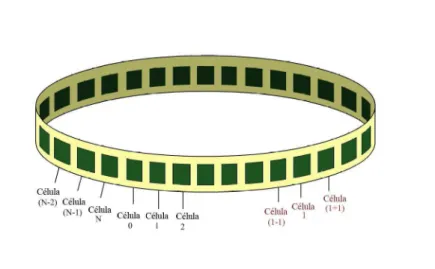 Figura 2.1: Condi¸c˜ao de contorno peri´odica: a ´ ultima c´elula ´e ligada `a primeira, formando um anel [Chua, Yoon e Dogary, 2002].