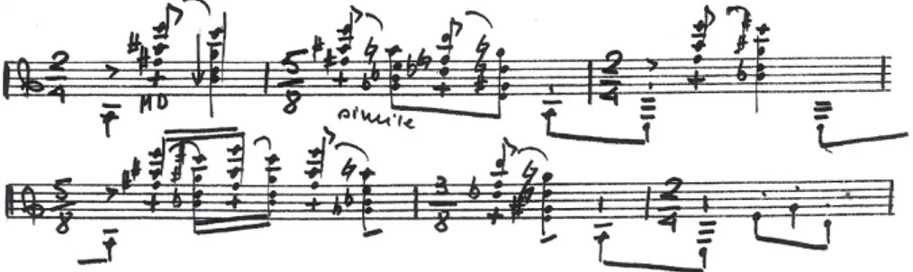 Fig. 15: Compassos 21 a 26, sinal de percussão “+”, indicação “MD” sob acordes, acordes ligados, e  uma flecha indicando rasgueado