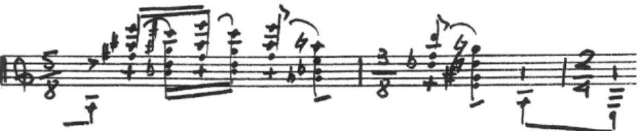Fig. 17: Compassos 24 a 26, quatro acordes em semicolcheias, últimas notas da figura, Lá e Mi, com  martellato