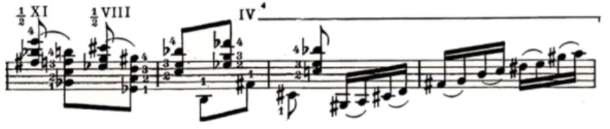 Fig. 26: Compassos 34 a 37, todo o trecho executado de maneira tradicional. Ligados dos acordes  são mantidos, e ligados na escala são acrescentados