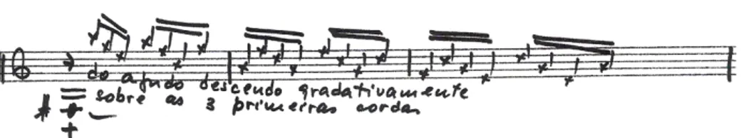 Fig. 31: Compassos 48 a 50, nota Fá# em semínima sem haste percutida, e indicação sobre percussão  em português