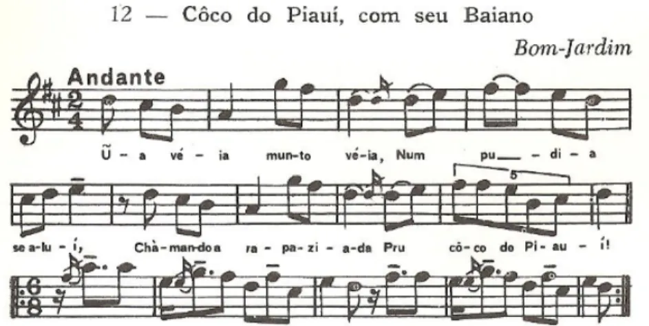 Fig. 4: Coco do Piauí, com seu baiano, exemplo de canção/toada seguida de baiano. Reproduzido a partir  de Andrade (1982: 47)