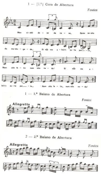 Fig. 5: Côro de abertura com seus dois baianos. Reproduzidos a partir de Andrade (1982: 39, 42 e 43,  respectivamente)