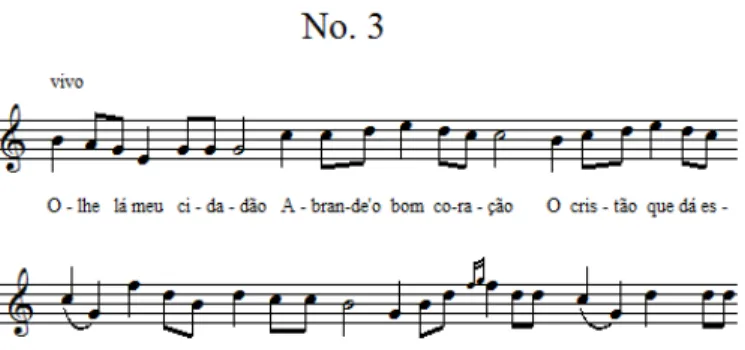 Fig. 9: Transcrição da melodia da Cantiga de cego n o  3, ouvida, transcrita e enviada por Mozart Araújo  a Mário de Andrade, presente no Arquivo Mário de Andrade, IEB-USP, fólio MA-MMA-110-03
