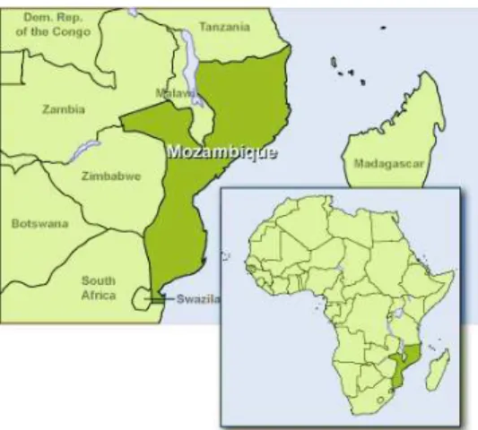 Figura 3 – Localização de Moçambique no continente africano - Fonte: http://www.mozambiqueembassy.ch                                                            