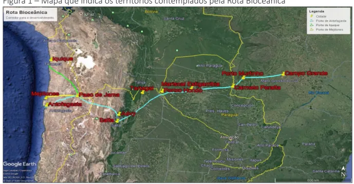 Figura 1 – Mapa que indica os territórios contemplados pela Rota Bioceânica