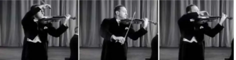 Fig. 14: Jascha Heifetz: momento antes de executar o acorde; fim da execução do acorde; e execução  das semicolcheias