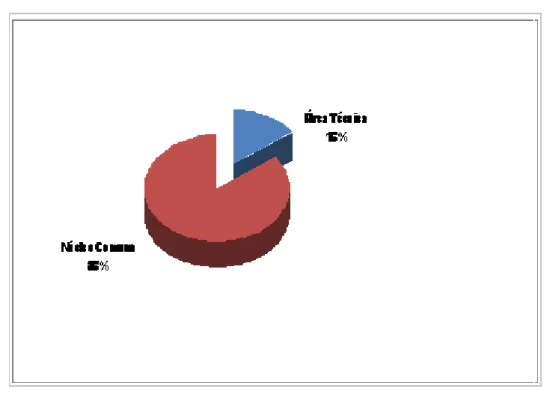 Gráfico 2: Distribuição dos professores por área: Técnica e Núcleo Comum