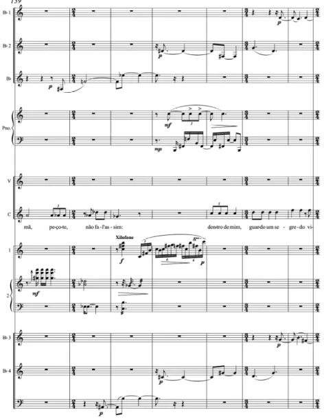 Fig. 8: Deslocamento sonoro frontal. Clarinete baixo e fagote (instrumentos frontais) transferem o  contraponto instrumental aos clarinetes 2 e 4 (mais ao centro do teatro), movimento que se conclui  com os clarinetes 1 e 3 (ao fundo do auditório)