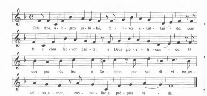 Figura  3  -  Hino  &#34;Alegrai-vos  caros  cristãos&#34;  (a  versão  impressa  na  partitura  é  a  já  adaptada para o canto e não a traduzida do alemão para o português) 