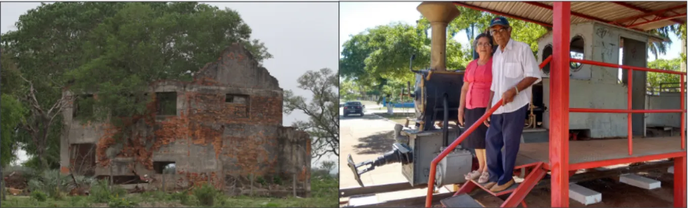 Figura 2 – Imagens das ruínas do pátio de produção de tanino na fazenda Quebracho (à  esq.) e o trem utilizado no transporte de madeira (à dir.)