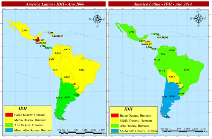 Figura 1 – Mapa do IDH da América Latina de 2000 e 2014