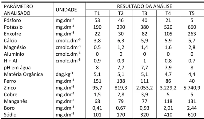 Tabela 5: Análise química do solo utilizado no experimento após divisão entre os tratamentos
