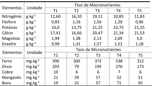 Tabela 8: Teor de macro e micronutrientes na parte aérea. 