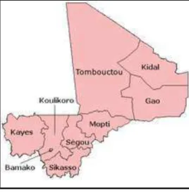 Figura 11  ‒  Subdivisões do Mali. Dentro da região de Koulikoro há o distrito   de Bamako, onde se localiza a capital 