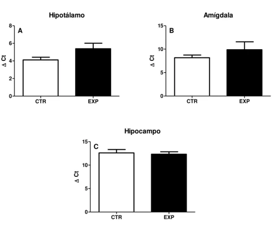 Fig.  3-  Expressão  do  RNAm  da  ocitocina  representados  como  média  +  epm  no  hipotálamo (A), amígdala (B) e hipocampo (C) de 5 animais por grupo