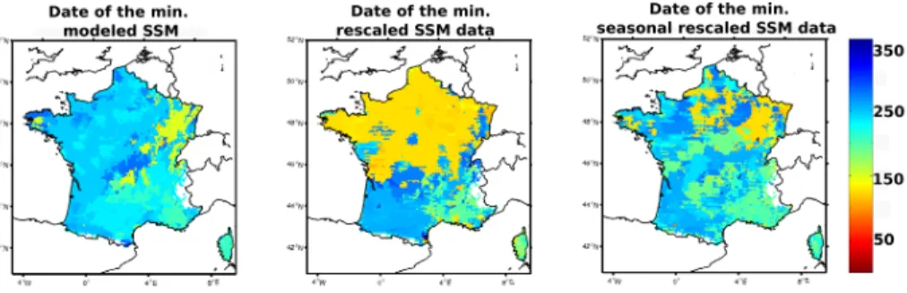 Fig. 3. Date of the lowest SSMmod values (left), CDF rescaled SSMsat (middle) and seasonal CDF rescaled SSMsat (right) for the year 2009 across the France domain