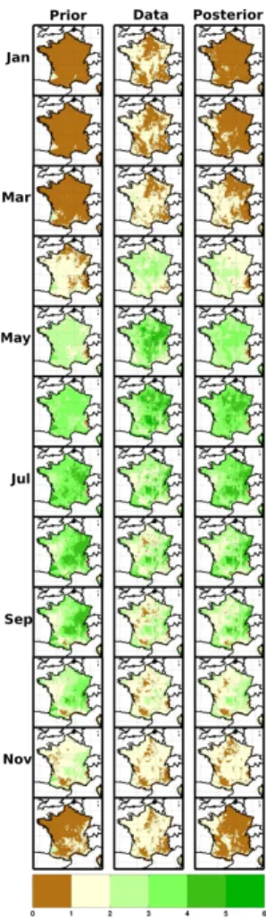 Fig. 7. Maps of monthly averages for prior (left), data (middle) and posterior (right) LAI over the period 2008–2011