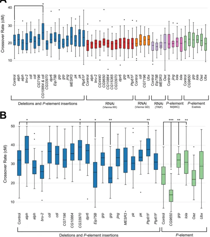 Fig 4. Functional assessment of candidate genes. Recombination rate of P-element insertions, chromosomal deletions and RNAi lines assayed in the (A) e ro interval and (B) y v interval