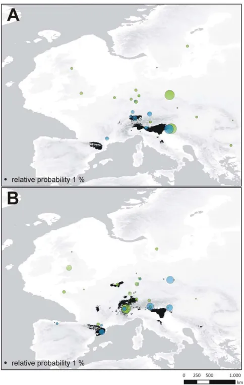 Figure 7. Refugia localization reconstruction. Reconstructions for the ancestral region of potentially postglacial expanding (i.e