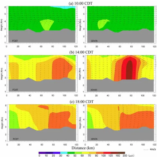 Fig. 13. Vertical distributions of winds and O 3 concentrations along the cross section (shown in Fig