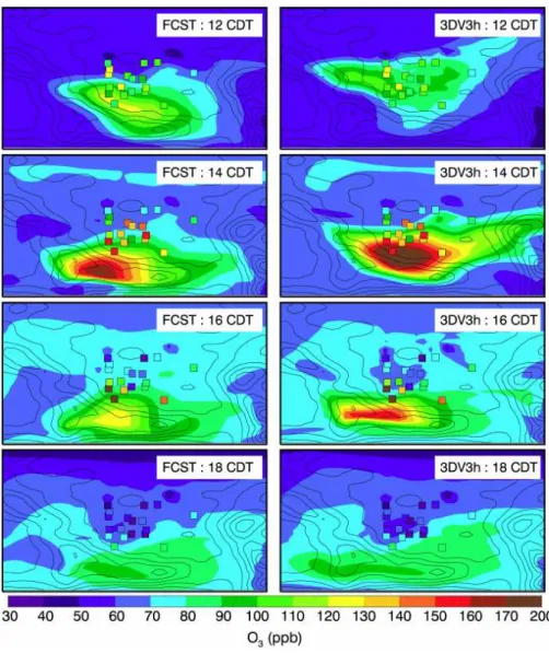 Fig. 10. Horizontal distributions of simulated (colored contours) O 3 concentrations in FCST and 3DV3h versus the measurements (colored squares) from RAMA in the Mexico City basin between 12:00 to 18:00 CDT on 16 April 2003.