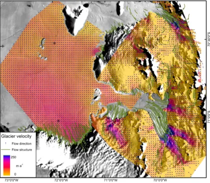 Fig. 2. Interferometric velocities superimposed on a MOA image from 2003/04 (© NSIDC).