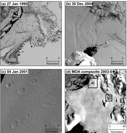 Fig. 5. Details from visible imagery: (a) surface melt area with interconnected pools (Landsat TM)