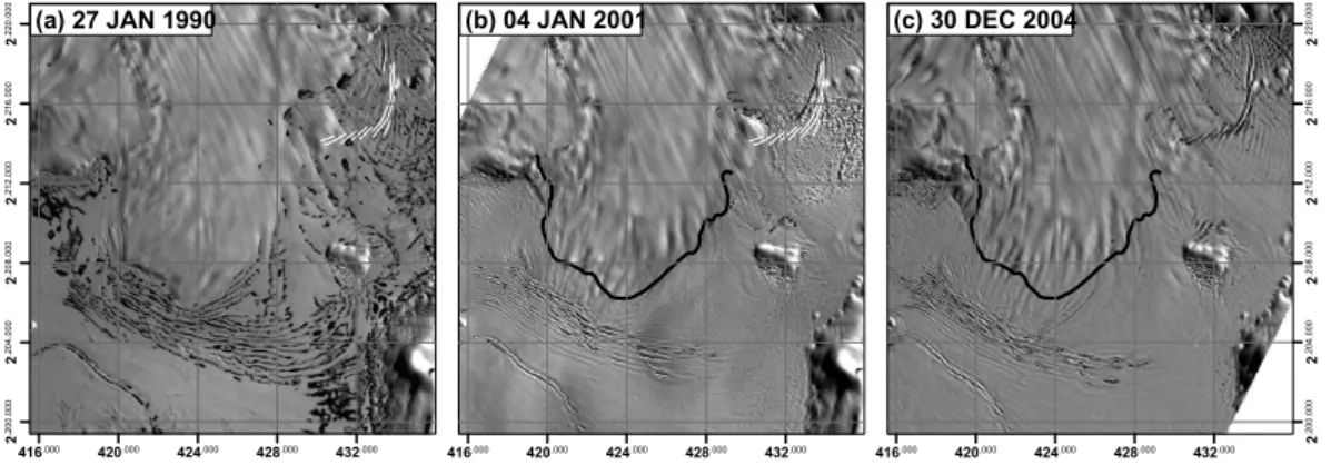 Fig. 8. Advance of Gilbert Glacier into Haydn Inlet. In all images the terminus position is well marked by pressure ridges partially filled by melt water ponds