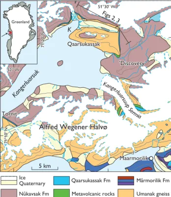 Fig. 1. Simplified geological map of the central Karrat Group area  (modified from Escher &amp; Pulvertaft 1995)