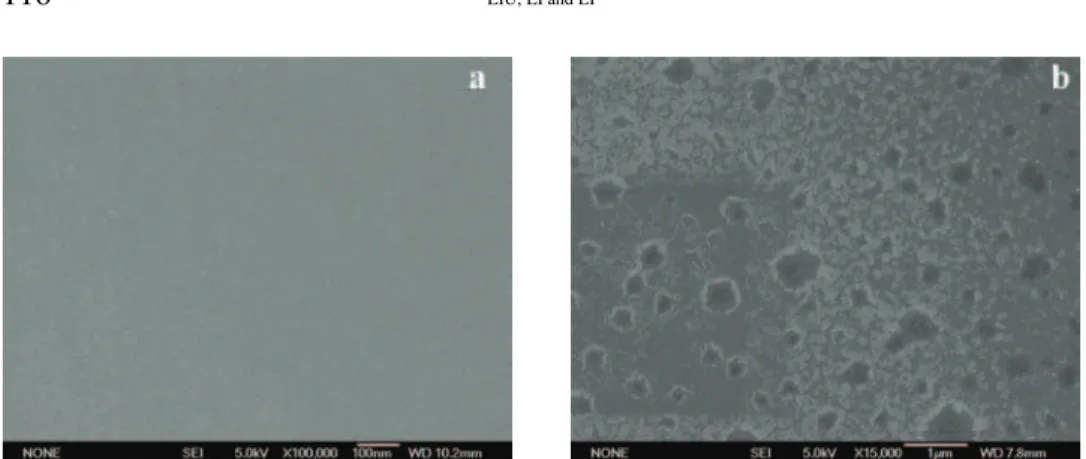 Fig. 1. Morphology of the glassy carbon electrode a) before and b) after electrochemical  treatment in 0.1 mol L -1  NaOH solution
