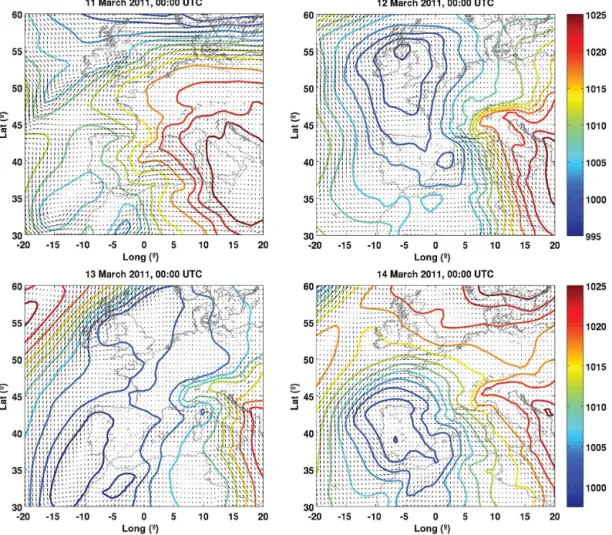 Figure 2. Regional charts of the mean sea-level pressure (HPa) and winds for the sequence 11–14 March 2011