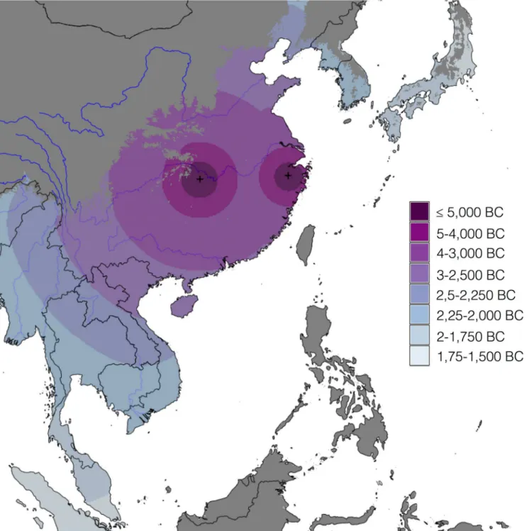 Fig 8. Predicted arrival times of cultivated rice in eastern and southeastern Asia, based on best-fitting model L7