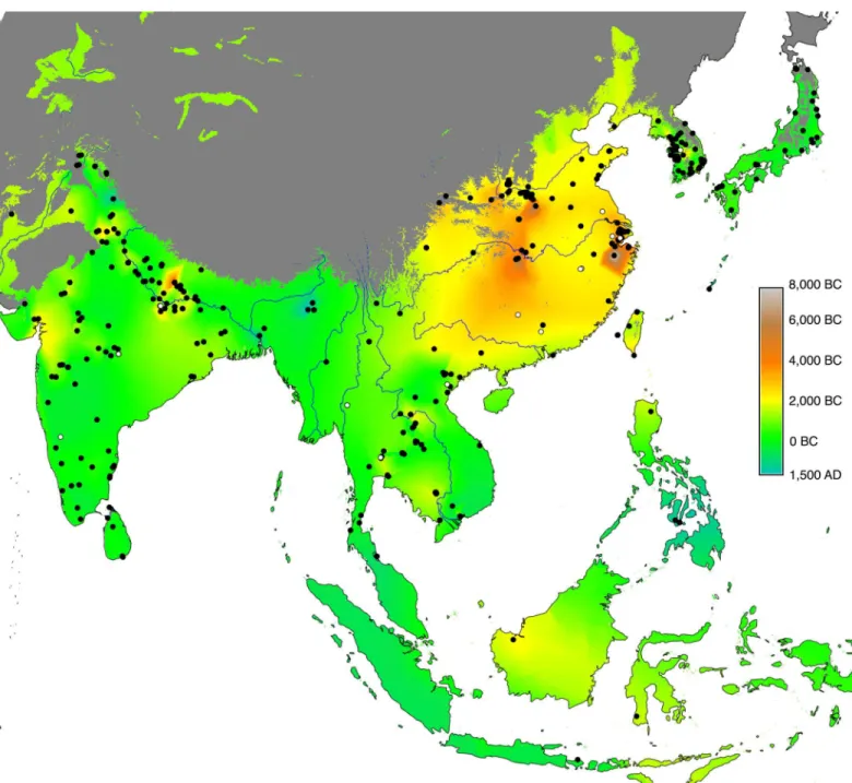 Fig 1. Map of the Rice Archaeological Database version 2.0. Sites with cultivated rice are shown as filled black dots, whereas open ones represent archaeological sites with wild rice