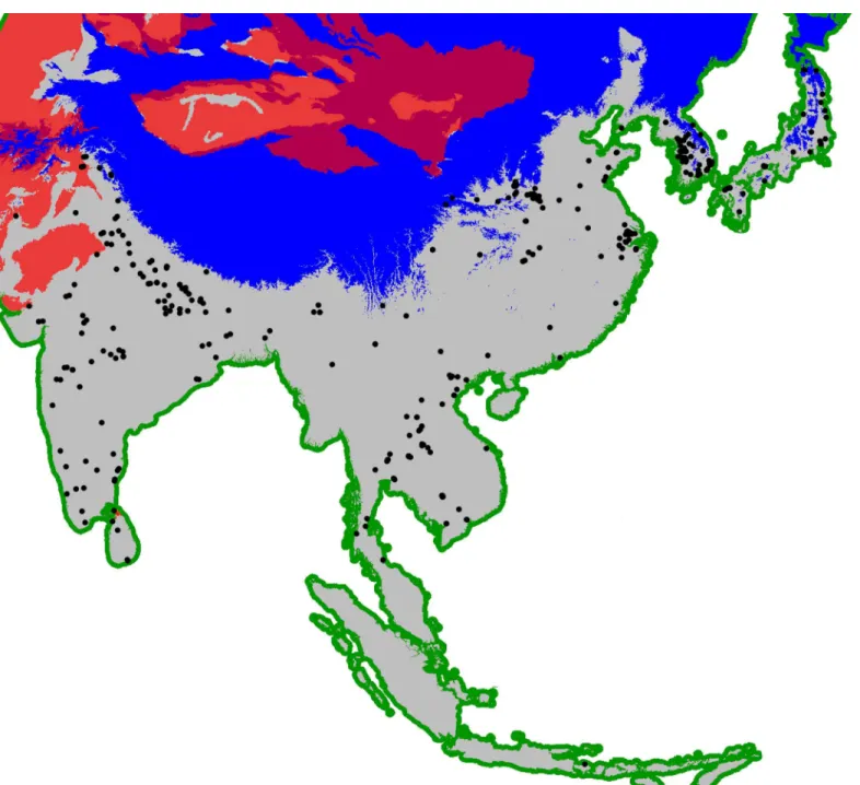 Fig 2. Domain used for the modelling. Regions excluded were those with annual total number of degree-days lower than 2,500 (blue-shaded) and desert eco-regions (red-shaded)