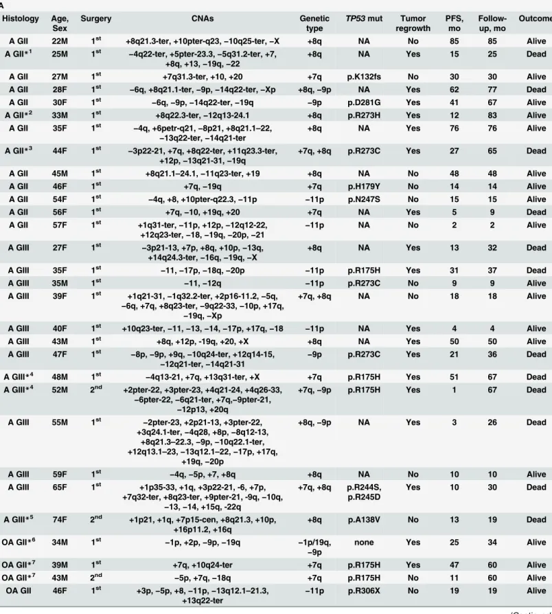 Table 2. A list of IDH mutant glioma patients with (A) and without (B) +7q, +8q, − 9p, and/or − 11p according to comparative genomic hybridization (CGH) analysis as well as their prognosis and TP53 mutation status.