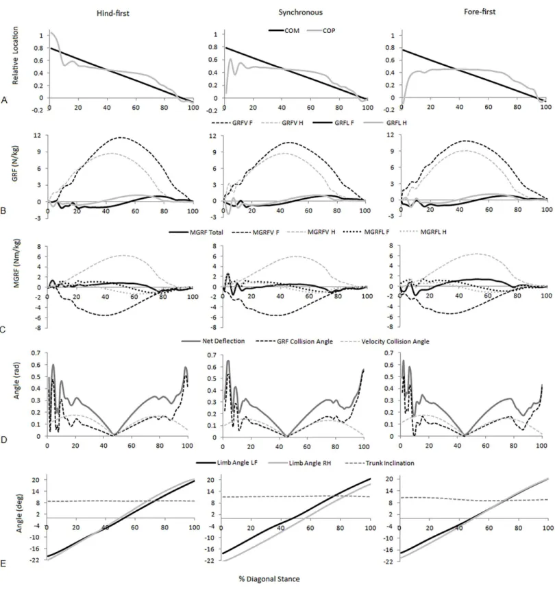 Figure 3 Examples of significant parameters from typical hind-first, synchronous and fore-first dissociation patterns when speed-matched.