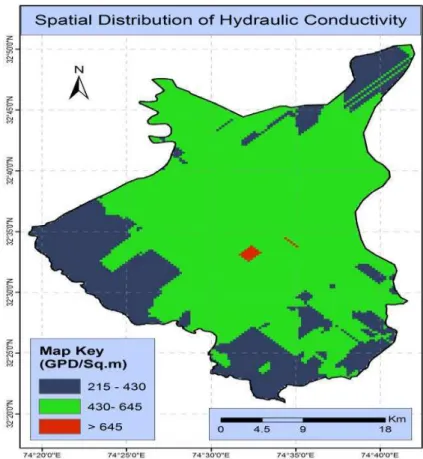 Fig. 7 The spatial distribution of the hydraulic conductivity in the vadose zone above the aquifer