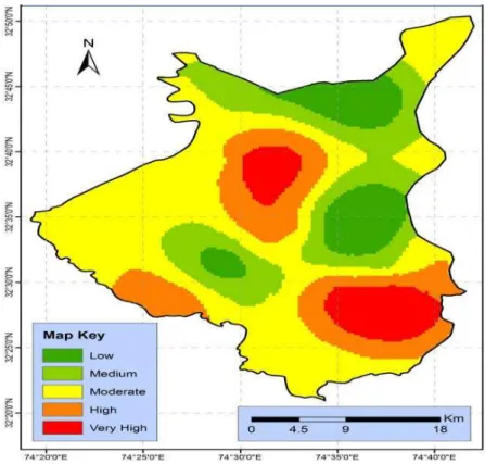 Fig. 10 Nitrate concentration in the shallow groundwater of the Sialkot area. 