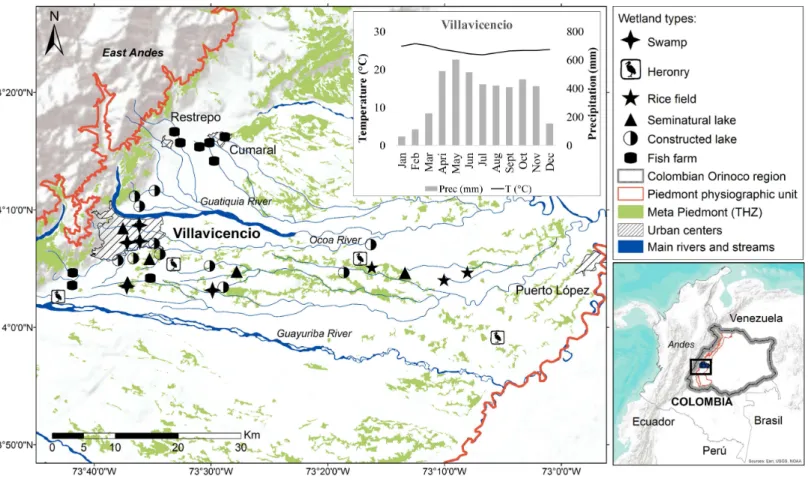 Figure 1 Localization of lentic wetlands at the Meta Piedmont in Colombian Andean–Orinoco region