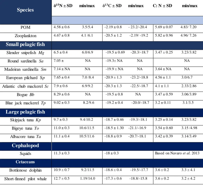 Table  3.1  δ 13 C ,  δ 15 N   and  C:N  ratio values  (mean,  standard  deviation,  range  of  values) for POM,  zooplankton,  small  pelagic  fish, large pelagic fish and cetaceans  (bottlenose dolphin and short-finned pilot whales) sampled in Madeira
