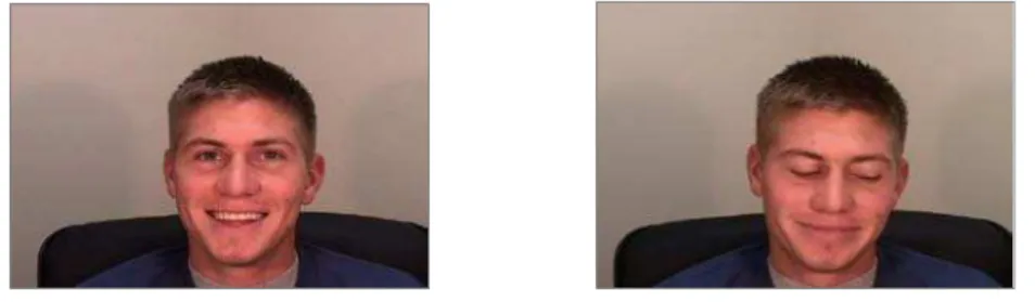 Figure 1.  Two  distinct forms of human smile:  The “eyes and mouth” smile of the  Duchenne smile or happiness display (left) and the mouth only smile associated with the  embarrassment display (right) 