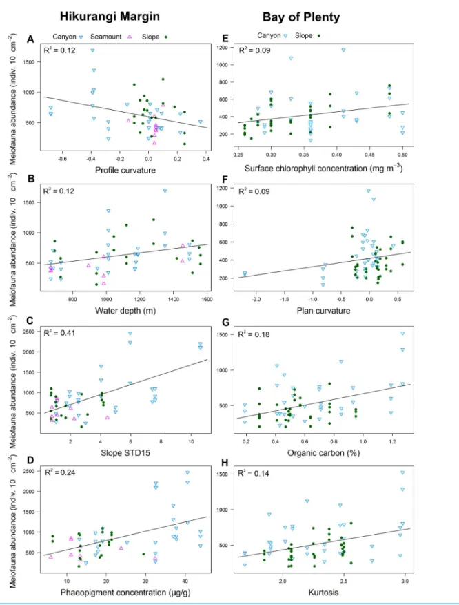 Figure 6 Selection of statistically significant (P < 0.05) correlations between environmental variables and meiofaunal abundance at different sediment layers in the Hikurangi Margin and Bay of Plenty regions