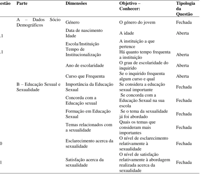 Tabela 4 - Questionário para os jovens 