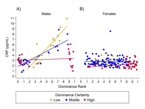 Figure 3 Sex differences in the impact of dominance certainty and rank on CRP. Predicted values of CRP