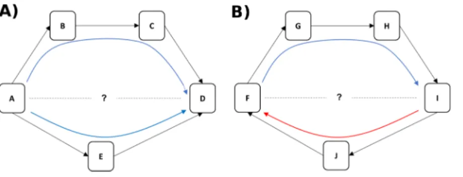 Figure 1 Inference of dominance rank and certainty using a network. (A) Although animals A and D do not directly interact, it can be inferred that A outranks D through the indirect pathways in the network