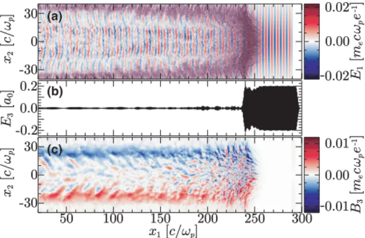 Figure 1 presents the SRS scattered plasma waves, the laser, and the Weibel fields from our fiducial two-dimensional simulation at t = 300ω − p 1 