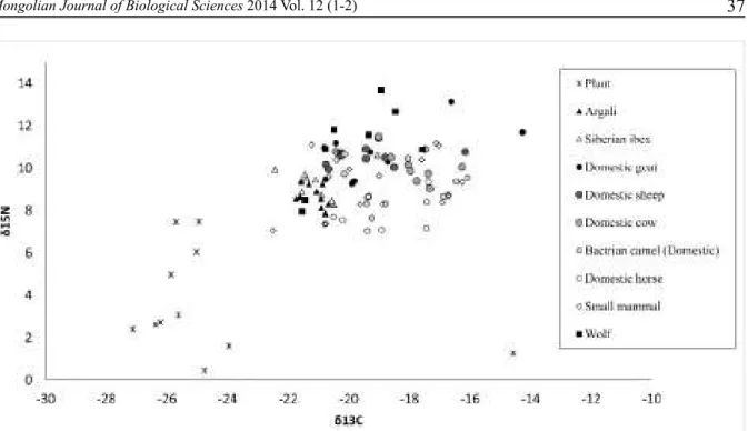Figure 2. Distribution of plant, wild and domestic ungulate, small mammal, and wolf δ 13 C and δ 15 N values  from Ikh Nart Nature Reserve, Mongolia
