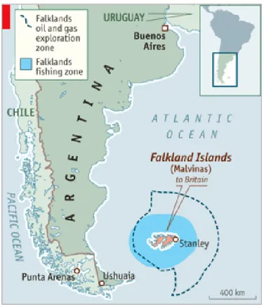 Figura 2.4 – Zona de exploração petrolífera e piscatória das Falkland/Malvinas 